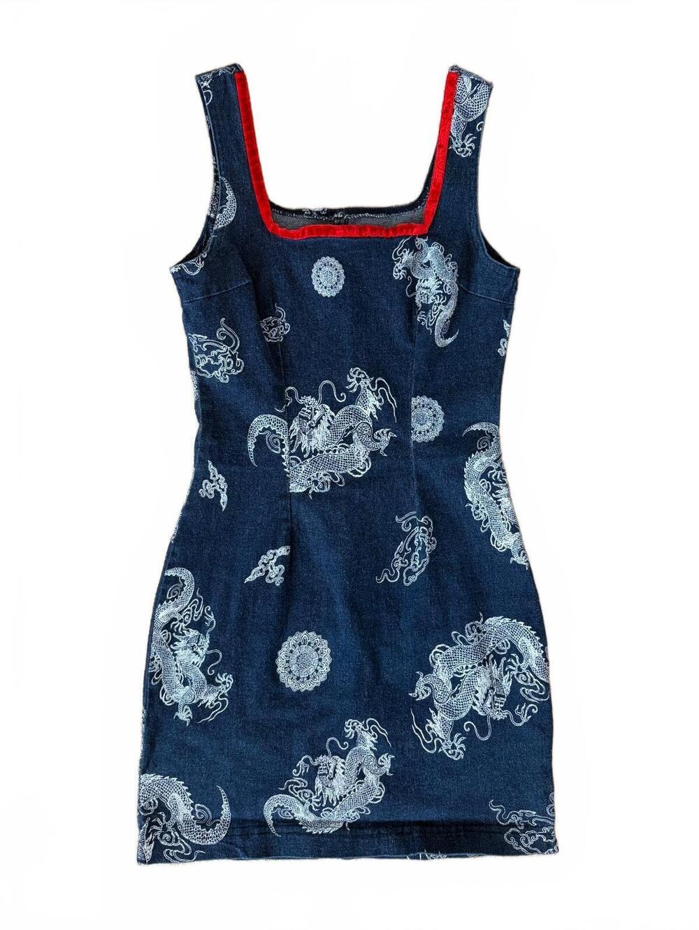 Vtg 90’s Possessed Clothing Company Dress Blue Dragon Print Denim Mini Y2K